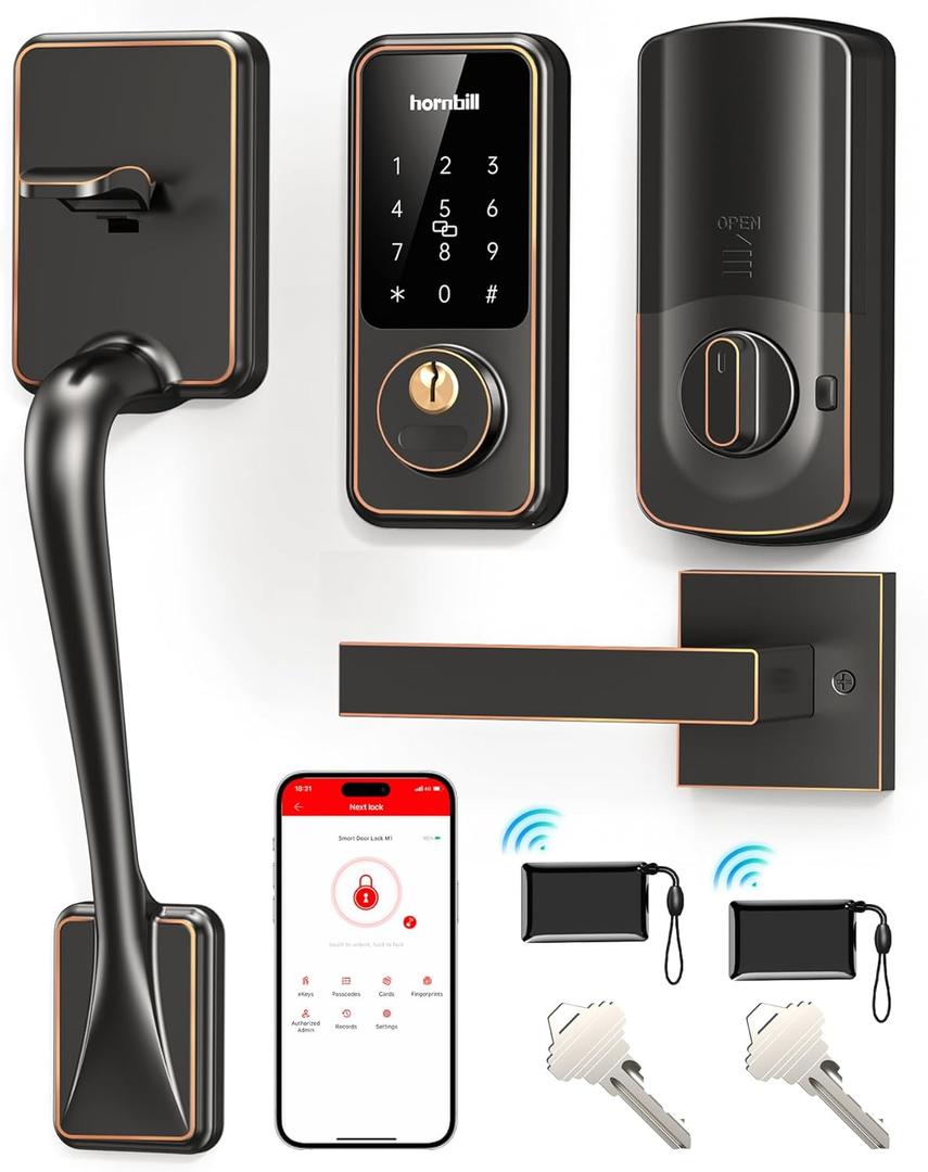 Front Door Lock Set Keyless Entry, Hornbill Smart Deadbolt Lock with Handle, Smart App Control, Electronic Keypad, Bluetooth Password KeyFobs Mechanical Key Unlocking, Oil Rubbed Bronze