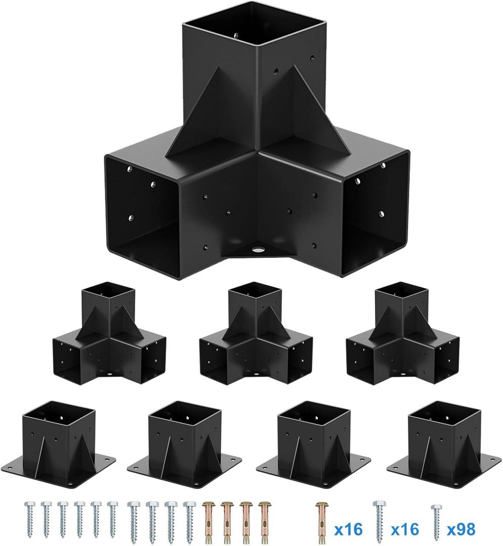 Pergola Kit 4x4(Actual: 3.64"x3.64")-8 Pack Pergola Brackets 4x4-3 Way Right Angle Corner Bracket with Post Base-DIY Woodworks Gazebo Brackets Hardware Kit for Wood Beams Sunroom Carport Cabin