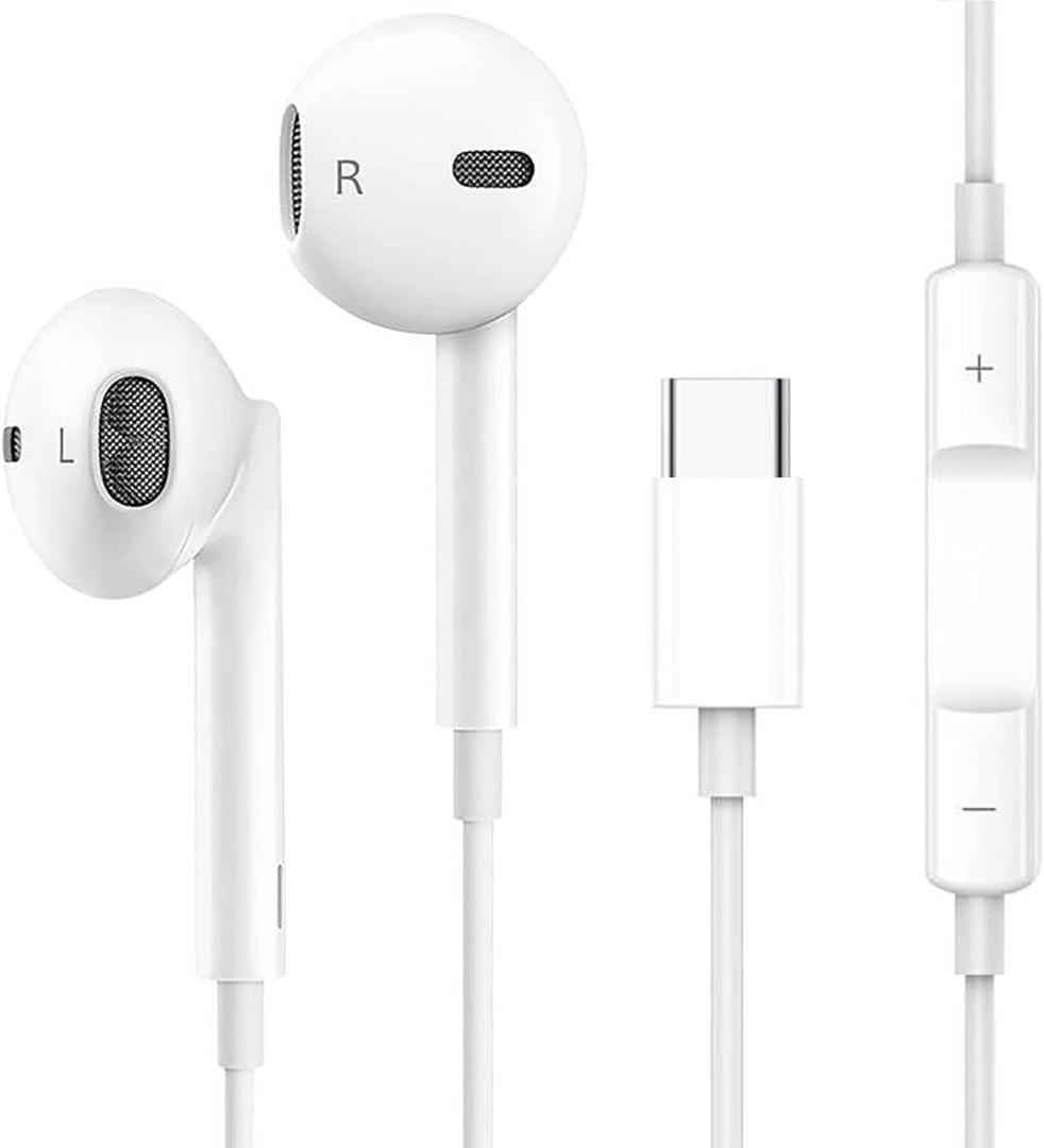 USB C Headphones for iPhone 17/17 Pro/16/16e/15 Pro Max/Plus, Type C Earbuds Wired Earphones (Microphone & Remote Control) Noise Cancelling for lPad Pro, Galaxy S23/S22/S21/Ultra Note10/20, Pixel (White)