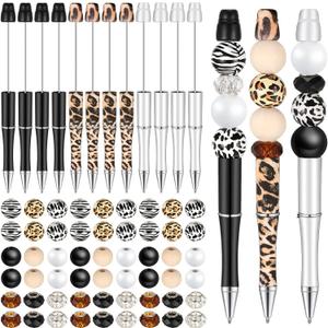Geyee 12 Set Plastic Beadable Pens Assorted Bead Pens Crystal Wood Round Spacer Set Black Ink DIY Ballpoint for Women Men Gift Office Supplies