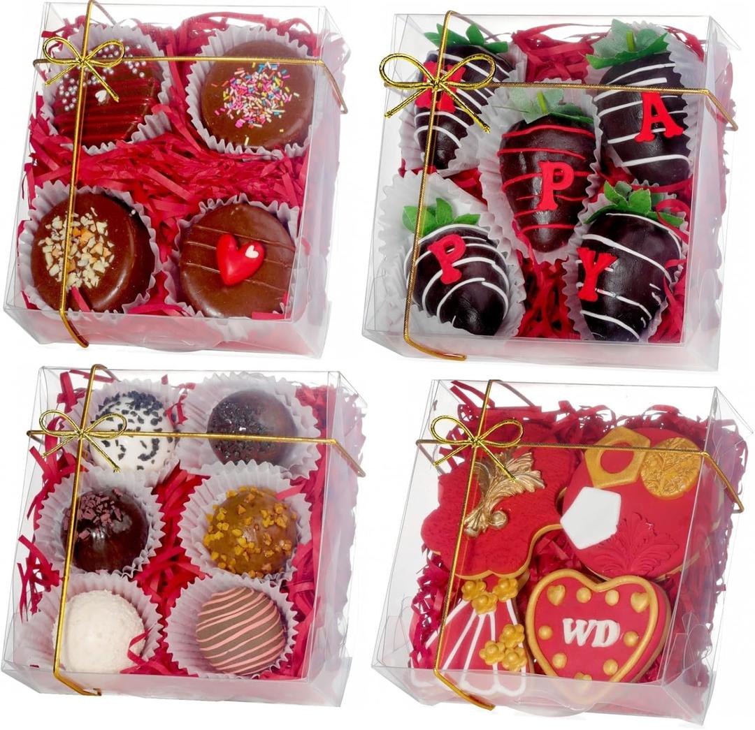 RomanticBaking 50PCS 5x5x2 Inches Full Clear Bakery Boxes Chocolate Covered Strawberries Boxes for 4 Mini Cake Boxes Cookies Macaron Boxes Pie Boxes Cakesickle Boxes