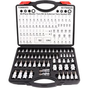 TOMMARS 60-Pc Master Torx Bit Socket and External Socket Set 1/4", 3/8", 1/2" Drive, S2 Steel Bits, CRV Sockets E4-E24, T6-T70,TT6-TT70,TP8-TP60