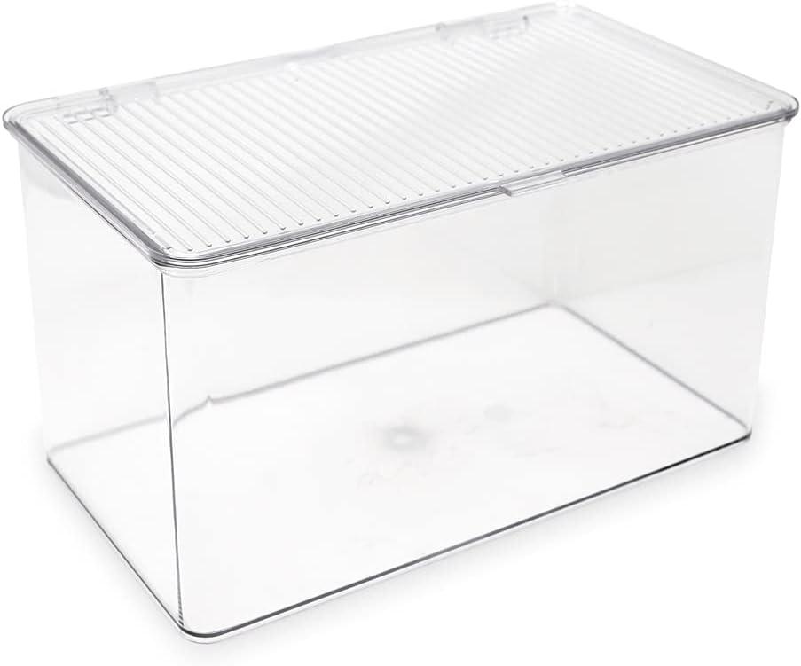 Isaac Jacobs Large Stackable Organizer Bin (10.75 x 6.5 x 6.1) w Hinged Lid Clear Storage Box Home Office School Fridge Bathroom Kitchen Pantry Container BPAFree Food Safe (Large Clear)