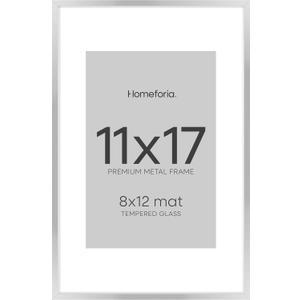 Homeforia 11 x 17 Frame Silver, High End Metal 11x17 Picture Frames with Mat 8x12 for Photo, 11 x 17 Silver Poster Frame Matted to 8 x 12 Print, 17x11 Hanging Frame, Tempered Glass, Wall Kit, Set of 1