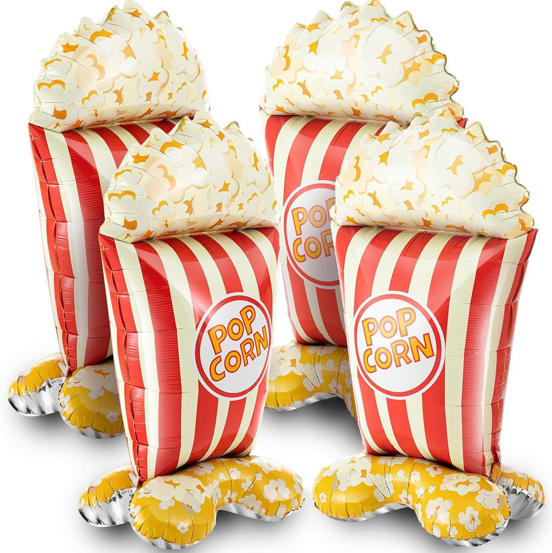 4 Pack 4ft Giant Standing Popcorn Balloons 3D Circus Carnival Foil Popcorn Balloons for Movie, Circus Carnival Theme Birthday Baby Shower Back to School Cannes Party Decorations
