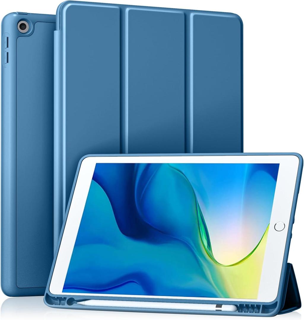Akkerds Case Compatible with iPad 10.2 Inch 2021/2020/2019, for iPad 9th/8th/7th Generation Case with Pencil Holder, Protective with Soft TPU Back, Auto Sleep/Wake Cover, Bluemist