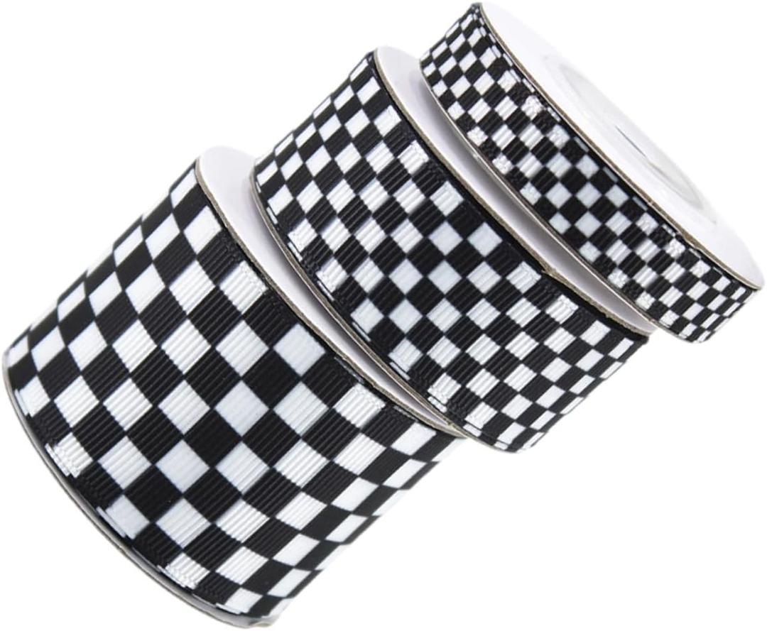 3 Rolls DIY Craft Ribbon Black White Plaid Versatile Satin for Wrapping Flower Bouquets Present Boxes