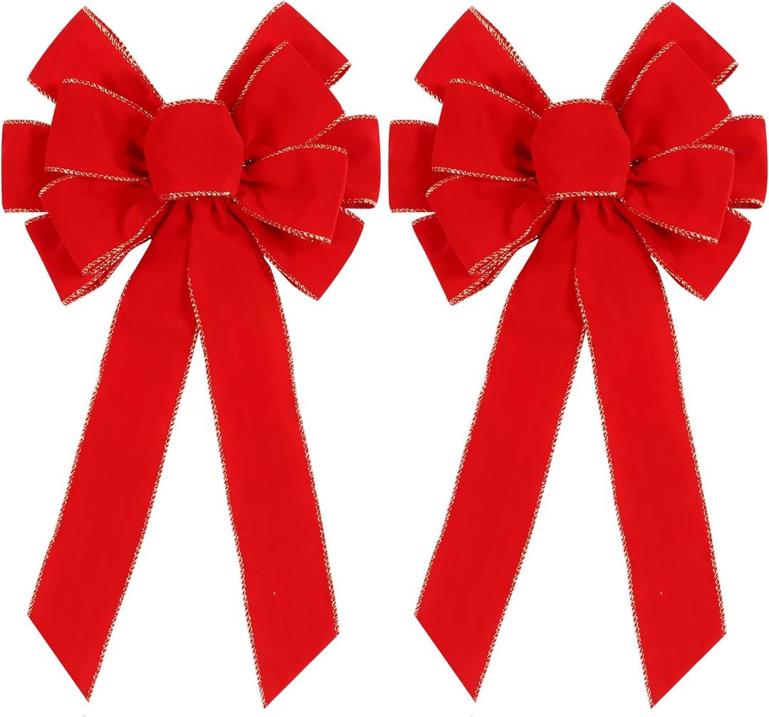 2 Pack Red Christmas Bows Outdoor Decorations,12x20 Large Christmas Tree Topper Bow, Velvet Wreath Bow with Glitter Gold Edge for Xmas Home Front Door Decor