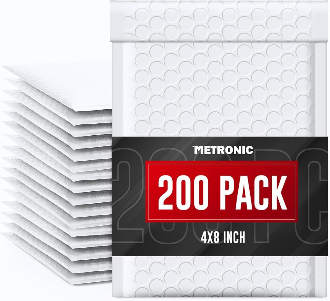 METRONIC 4x8" Bubble Mailer 200 Pack Waterproof White Small Bubble Mailers Usable Size 4x7" Self Seal Mailing Envelopes Bubble Padded for Small Business Mailing Jewelry Makeup Cards Envelope Mailers