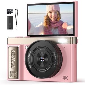 4K Digital Camera Pink for Girls Teens: 64MP Vlogging Camera with Flip Screen - 16X Zoom - Cute Compact Cam for Photography and YouTube  Aesthetic Point and Shoot Gift for Ages 8-18