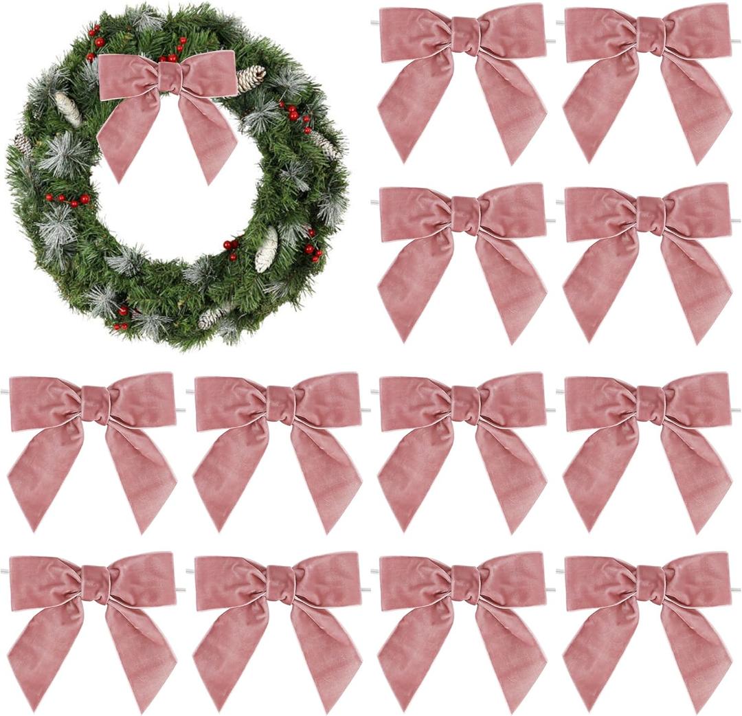 AIMUDI Dusty Rose Velvet Bows 4.5" Rose Gold Christmas Bows for Tree Premade Bows for Wreaths Twist Tie Bows for Gift Wrapping, Festive Winter Decor, Tree Garland, Swag, Wedding Decor - 12 PCs