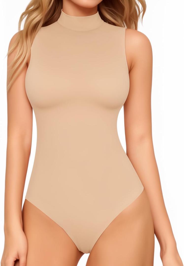 MANGOPOP Women's Mock Turtle Neck Sleeveless Tank Tops Bodysuit Leotard Clothing (10 Nude), Medium