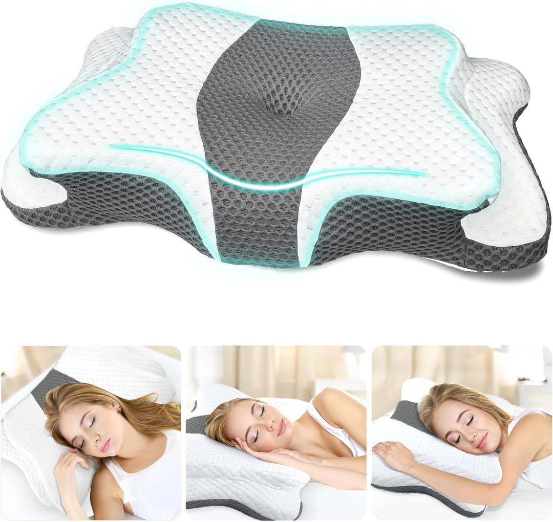 CHxxy Cervical Neck Pillow for Pain Relief Sleeping, Contour Memory Foam Pillows, Ergonomic Side Sleeper Pillows for Adults, Orthopedic Neck Support Pillow for Back Stomach Sleepers-King Size&Grey