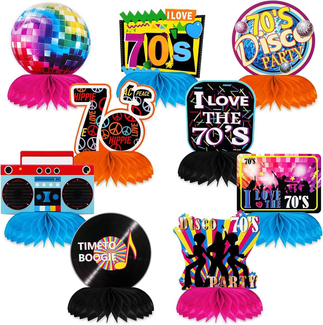 TaoBary 9 Pcs 70s Disco Party Decorations Back to 70s Honeycomb Centerpieces Colorful Disco Favors Boogie Centerpieces Cake Topper for Retro Theme Birthday Music Party Decorations Table Decor