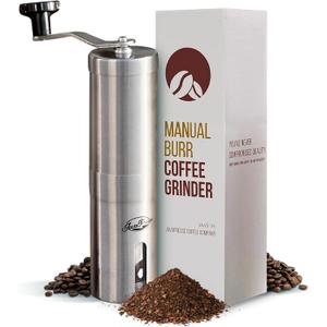 JavaPresse Manual Stainless Steel Coffee Grinder - 18 Adjustable Settings, Portable Conical Burr Grinder for Camping, Travel, Espresso - With Hand Crank