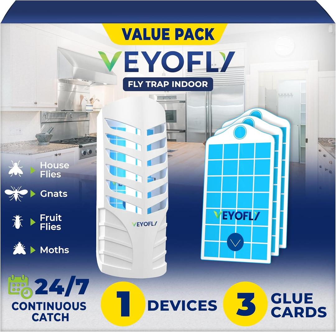 VEYOFLY Fruit Fly Trap Indoor (1 Device + 3 Refills), Gnat Catcher, Plug-in Light Insect Trap for House, Bug Killer (White)