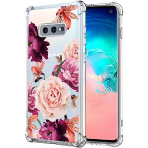 KIOMY Clear Case for Samsung Galaxy S10E, Shockproof Bumper Protective Cover with Airbags Corners Hybrid Design Hard PC Back with Flexible TPU Frame Cute Red Flower Floral Design (Rose Pink)
