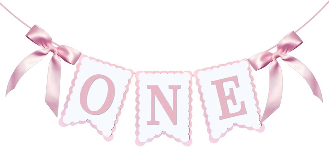 Bow One Banner for Baby Shower Decorations Pink and White Bow Highchair Banner Girls First Birthday Party Banner