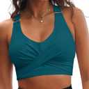 GRAPENT Bikini Tops for Women Twist Front Ruched Bathing Suit Adjustable Crisscross Back Cropped Tankini Swim Top Only (Medium, Dark Lake Green)
