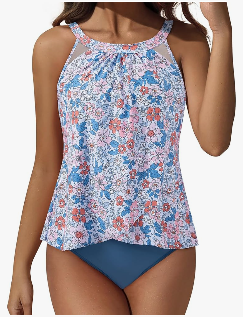 SUUKSESS Women Tummy Control Tankini Bathing Suit Ruffle High Waisted Swimsuit Size L