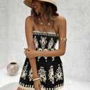 ZAFUL Strapless Boho Rompers for Women 2025 Summer Cute Smocked Loose Wide Leg Shorts Beach Sleeveless Jumpsuits(1-Boho Black, XL) 