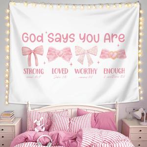 LIANGW Pink Coquette Bow Christian Tapestry, Inspirational Christian Tapestry for Women, Indoor Outdoor Wall Art Tapestries for Bedroom, Girl pink Room Decoration Living Room Bedroom 50x60 inches