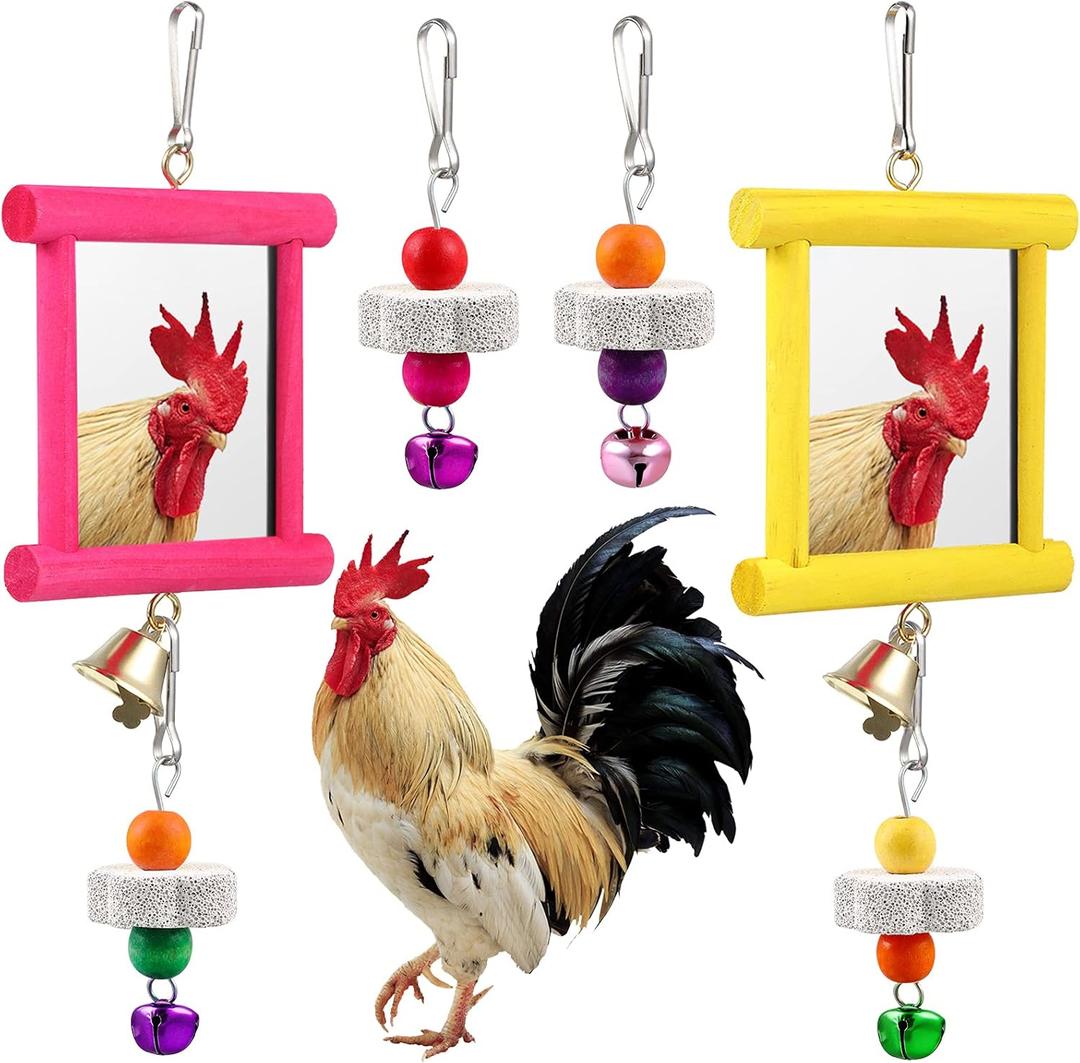 Sumind 2 Pieces Chicken Mirror Toys Hanging Swing Mirror with Bell Wooden Pecking Toy and 4 Pieces Beak Grinding Molar Stones for Hens Birds Parrots (Rose Red,Yellow)