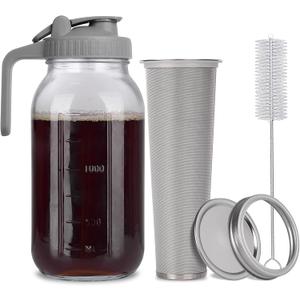 Cold Brew Mason Jar iced Coffee Maker, Durable Glass, - 64 oz (2 Quart / 1.9 Liter), With Handle& Stainless Steel Filter for Iced Brew Coffee, Lemonade, Ice Tea, Homemade Fruit Drinks Container