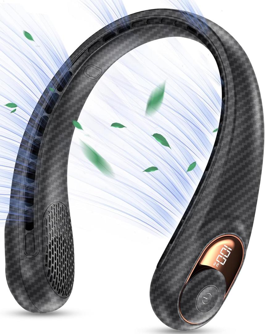 KIDEE Neck Fan Rechargeable, Portable Fan, Upgraded LED Display, 4000 mAh Battery Operated, 3 Speeds Adjustable Personal Wearable Fans for Women Men, Carbon Fiber Black
