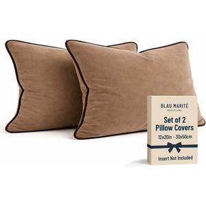 2 Pack Velvet Decorative Throw Pillow Covers, 12"x20", Beige and Brown, Solid, Modern, Contrast Piping, Indoor Use, Bedroom & Living Room