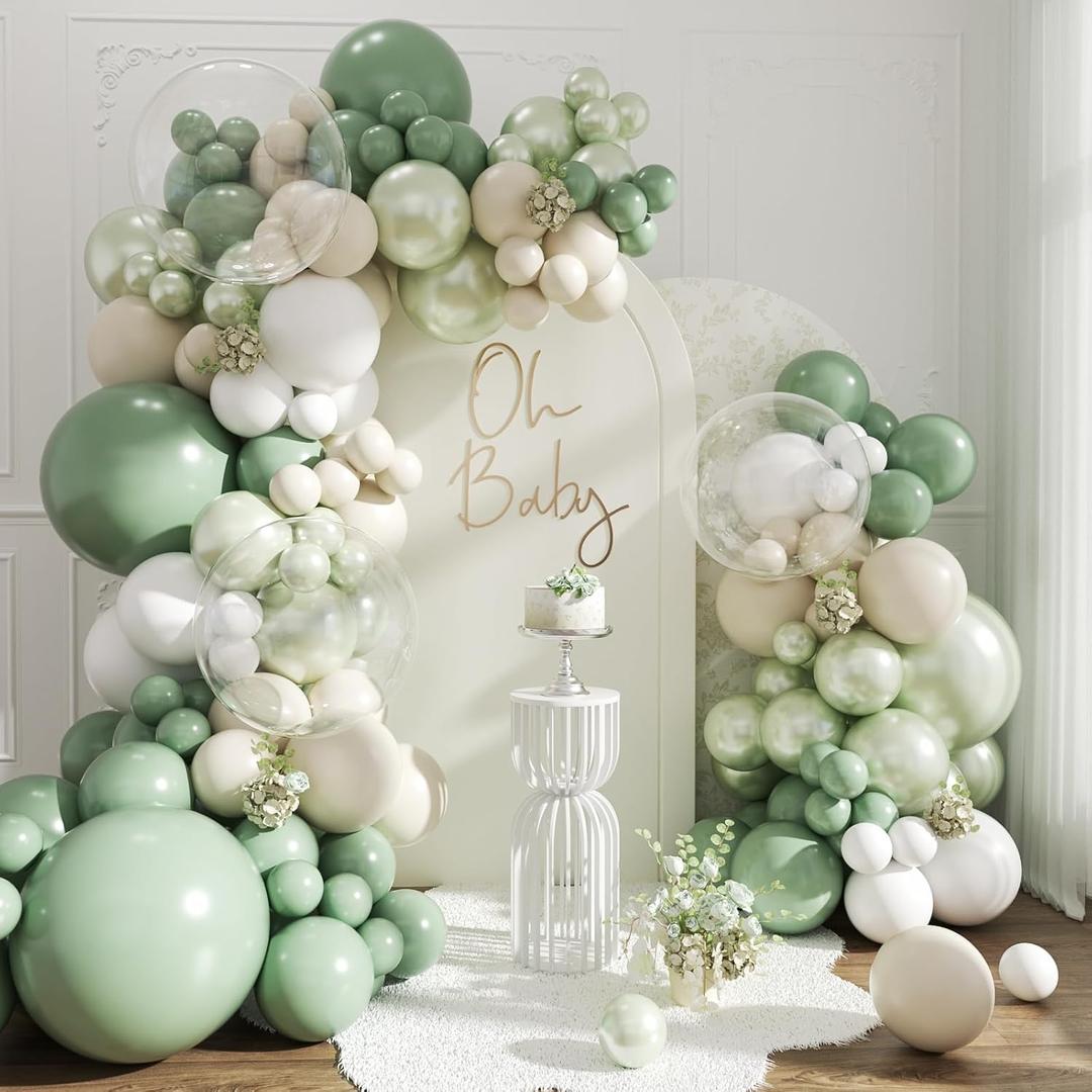 Sage Green Balloon Arch Kit 108Pcs Double Stuffed Pearl Green Sage Green Sand White Clear Balloons for Bridal Shower Baby Shower Birthday Wedding Engagement Party Decorations