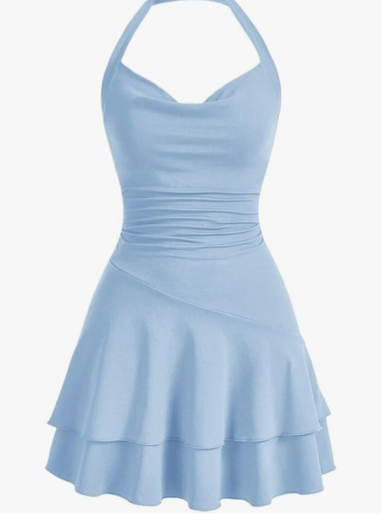 Wocrolse Womens Sleeveless Tiered A-Line Short Dress Knitted Halterneck Bodycon Cocktail Dress for Spring Summer, M