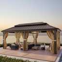 HOTEEL 12x20 Hardtop Gazebo with Metal Roof & Drainage System, Heavy Duty Galvanized Steel Gazebo with Reinforced Aluminum Frame, Privacy Curtains and Netting, for All-Weather, Brown (2025 Upgraded)