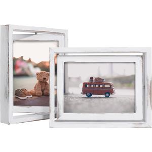 Egofine 2 Pack 5x7 Rotating Floating Picture Frames,Double-Sided Display with HD Glass Front Wooden Distressed Frame for Vertical or Horizontal Tabletop Display, White