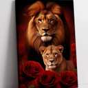 Lion Canvas Wall Art Lion and Lioness Decor Red Rose Flower Picture Animal Painting Contemporary Artwork for Living Room Bedroom Home Office Decor Framed(Artwork-5,16.00"x24.00")
