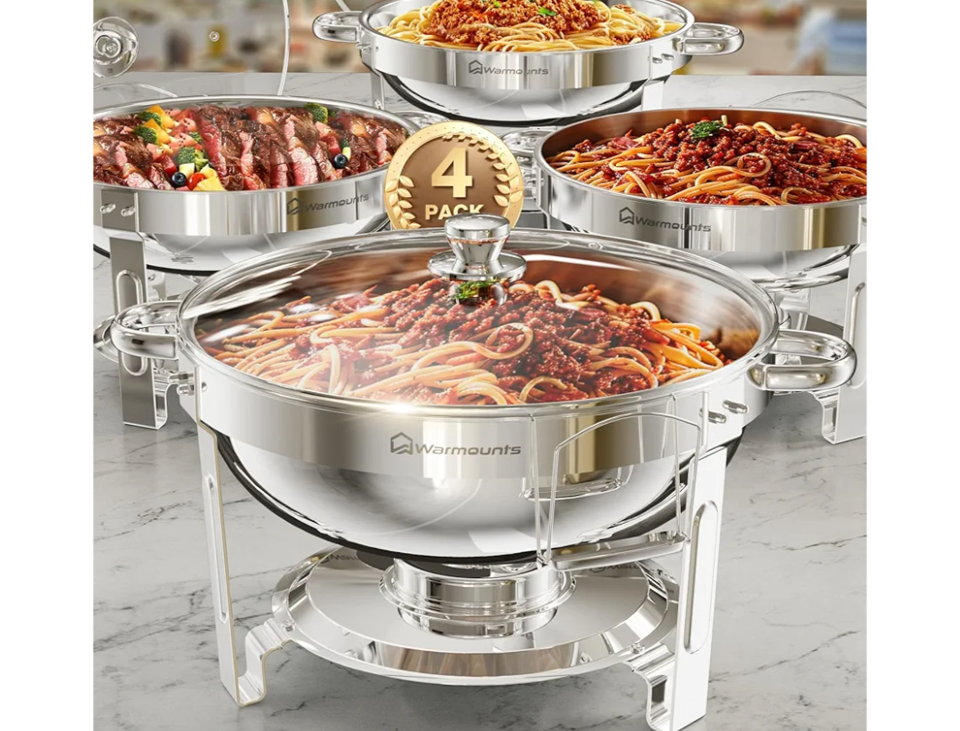 Round Chafing Dishes for Buffet with Glass Lid (5QT, 4 Pack), Chafers and Buffet Warmers Set with Mirror-Polished Stainless Steel, Rolled Rim, Stackable, Lid Holder for Parties, Catering