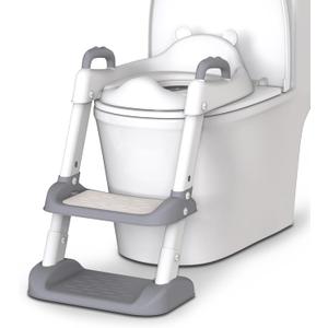 HBTower Potty Training Seat with Step Stool Ladder & Safety Handles,Grey | Foldable Toddler Toilet Seat with Splash Guard for Boys and Girls, Comfortable Kids Potty Cushion & Anti-Slip Pads