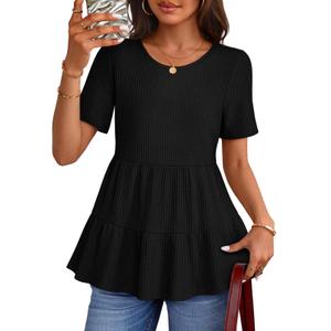 MEROKEETY Women's 2026 Summer Spring Tunic Babydoll Tops Short Sleeve Waffle Knit Shirts Casual Loose Peplum Blouses Black (Black, S)