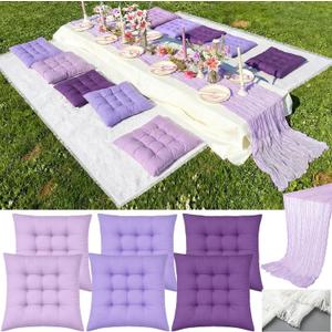 Extra Large Outdoor Picnic Blanket with Table Runner and Floor Pillow Cushion for Picnic Wedding Birthday Baby Shower Backyard(91 x 71'',Purple,6-Person)