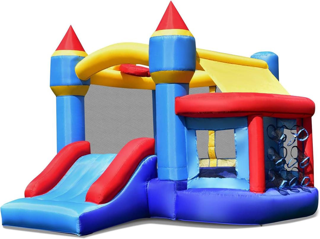 Inflatable Bounce House, Kids Jumper Moon Bouncer w/Slide, Ball Shooting Area, Stakes, Outdoor Indoor Outdoor Jumping Bouncy Castle for Backyard Playground(Without Blower)