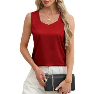 CAPE CLIQUE Silk Satin Tank Tops for Women V Neck Sleeveless Camisole 2025 Summer Basic Blouses Work Outfits Shirts (Red, M)