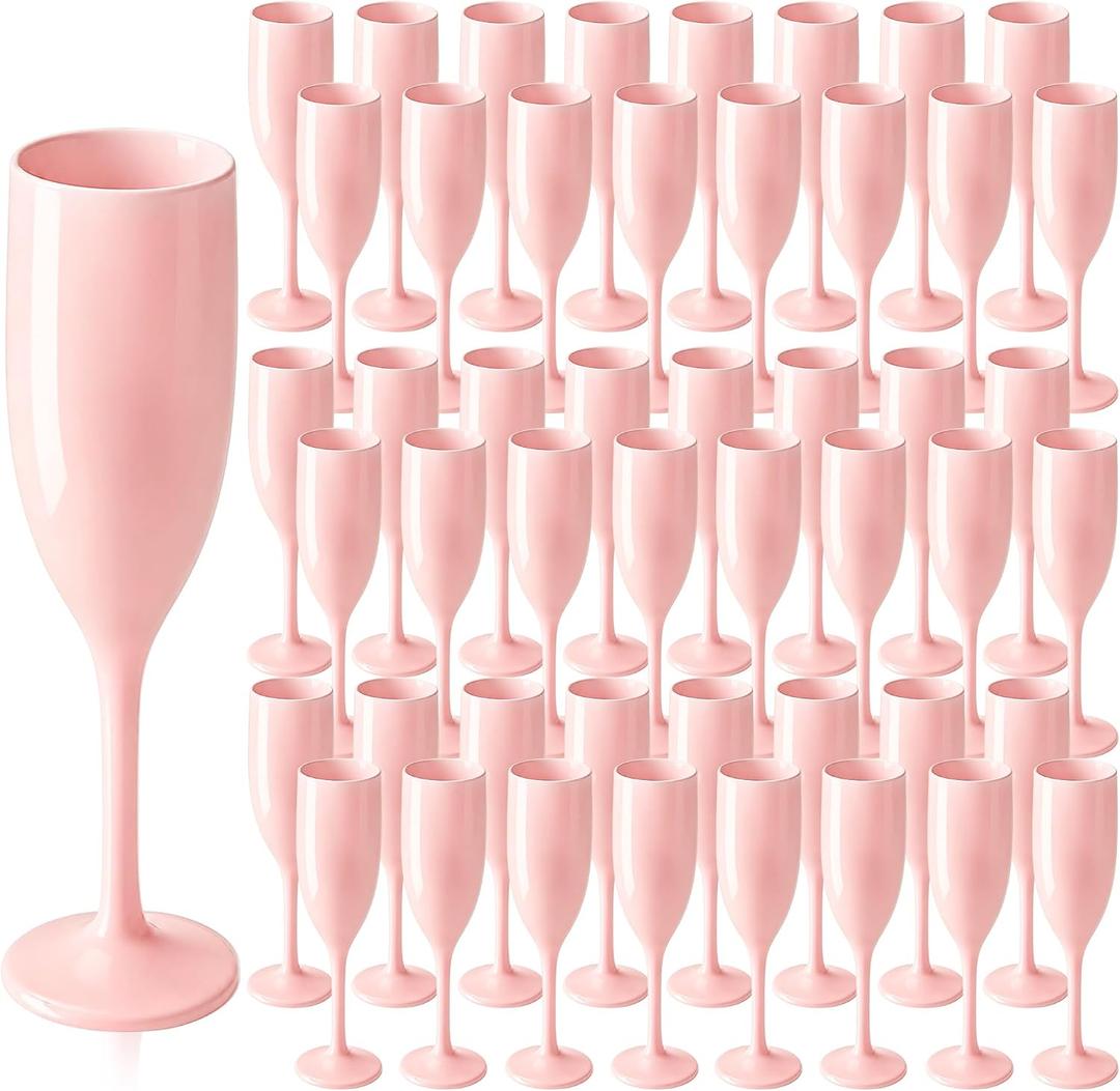 Pink Plastic Champagne Flutes 48pcs Unbreakable Wine Glasses | 5 oz Champagne Cups with Stem, Reusable Acrylic Goblets, Bulk Pack for Wedding, Party, Dinner, Mimosa Bar, Birthday, Outdoor