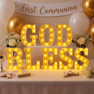 Honoson 8 Pcs First Communion Decorations God Bless Lights up Sign Table Lights Decorations for First Communion Christening Baptism Party Baby Shower Supplies