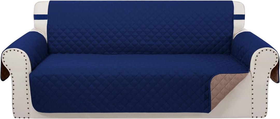 Reversible Sofa Covers Couch Cover Furniture Protector for Dogs Elastic Straps Water Resistant(Sofa,Navy/Camel)