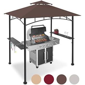FAB BASED 5x8 Grill Gazebo, All-Weather Steel Construction, Double Tiered & Resistance Canopy Roof, Metal Serving Shelves, 2 LED and Bottle Opener for Patio, Backyard, BBQ (Brown)