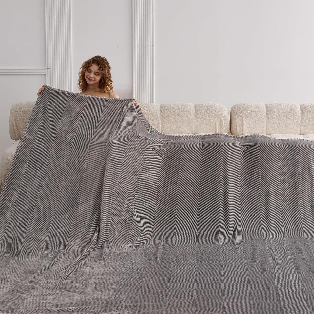 Oversized King Fleece Blanket 120x120 Inches, Seamless Soft Cozy 3D Jacquard Flannel Blanket 10'x10' Extra Large for Bed, Sofa, Couch, Travel & Camping, California King Throw, Light Grey - Wave