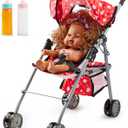 SYNCFUN Baby Doll Stroller Toy, Foldable Doll Stroller with Basket & 2 Magic Bottles for Toddlers, Unicorn Red Babydoll Toy for 3 4 5 Year Old Little Girls Gift, Easy to Assemble