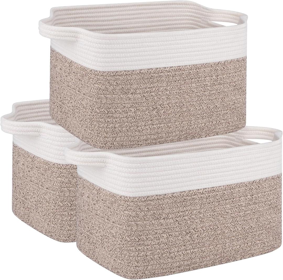 OIAHOMY 3 Pack Storage Baskets for Organizing, 13''X9.85''X8.7'' Storage Bins, Woven Basket with Handles, Toy Storage Bin, Stylish Room Decor Basket, white & Brown variegated
