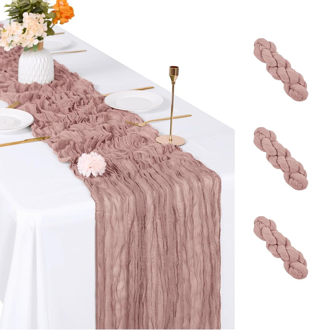 3 Pack Dusty Pink Cheesecloth Table Runner, 17 x 108 inch, Semi Sheer Boho Cheese Cloth Fabric Table Runner Bulk for Wedding , Birthday, Party, Holiday, Home Decor (Dusty Pink)