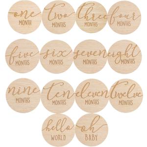 Pearhead Wooden Monthly Milestone Photo Cards - 7 Double-Sided Engraved Discs for Baby Announcement and Milestones, Gender-Neutral Photo Props for Newborn Boy and Girl, Light Wood